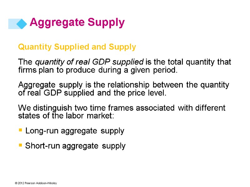 Quantity Supplied and Supply The quantity of real GDP supplied is the total quantity
